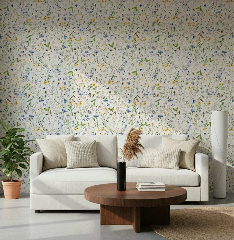 Aquarelle Colorful Watercolor Meadow mural blue and yellow florals., GD7191