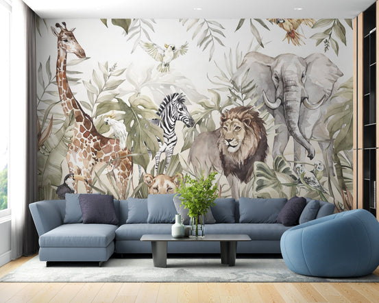 Watercolor Animal Kingdom Forest Wallpaper for Kids Room A467