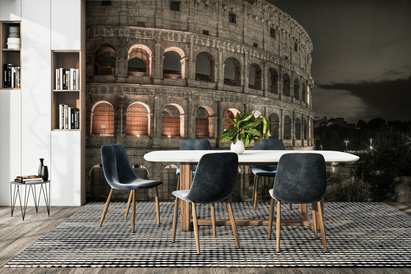 The colors are muted, with the stone's texture and warm interior lights.

