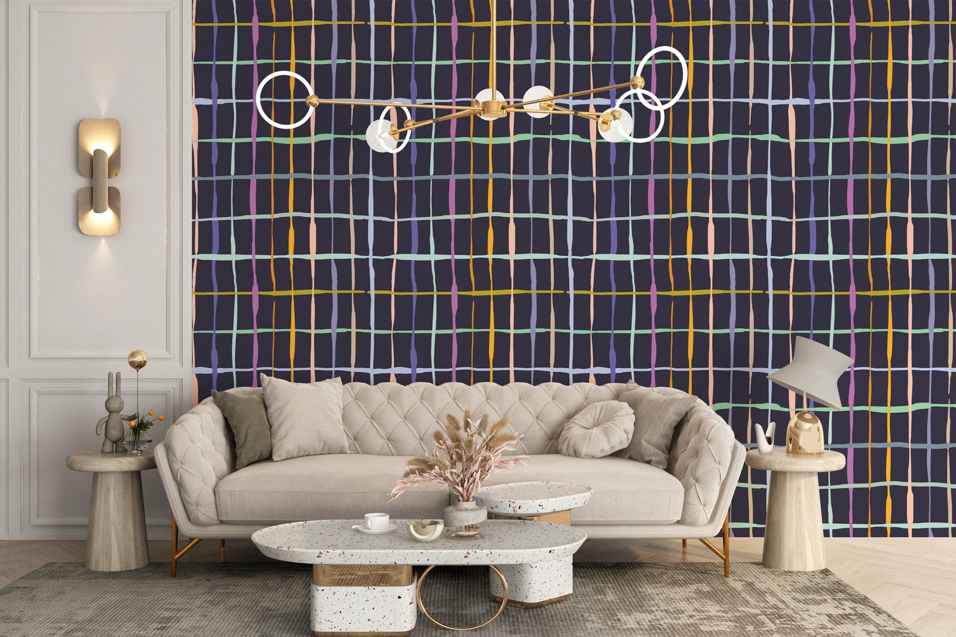 Playful colourful handdrawn lines wallpaper for rooms
