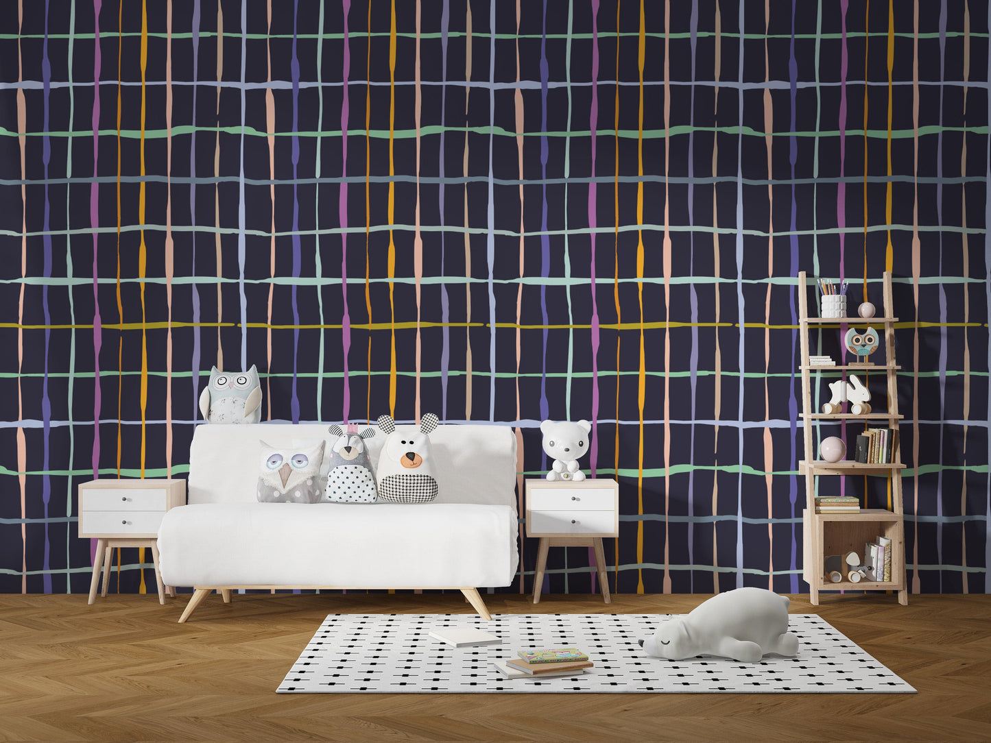 Bold and vibrant handdrawn lines wall mural design
