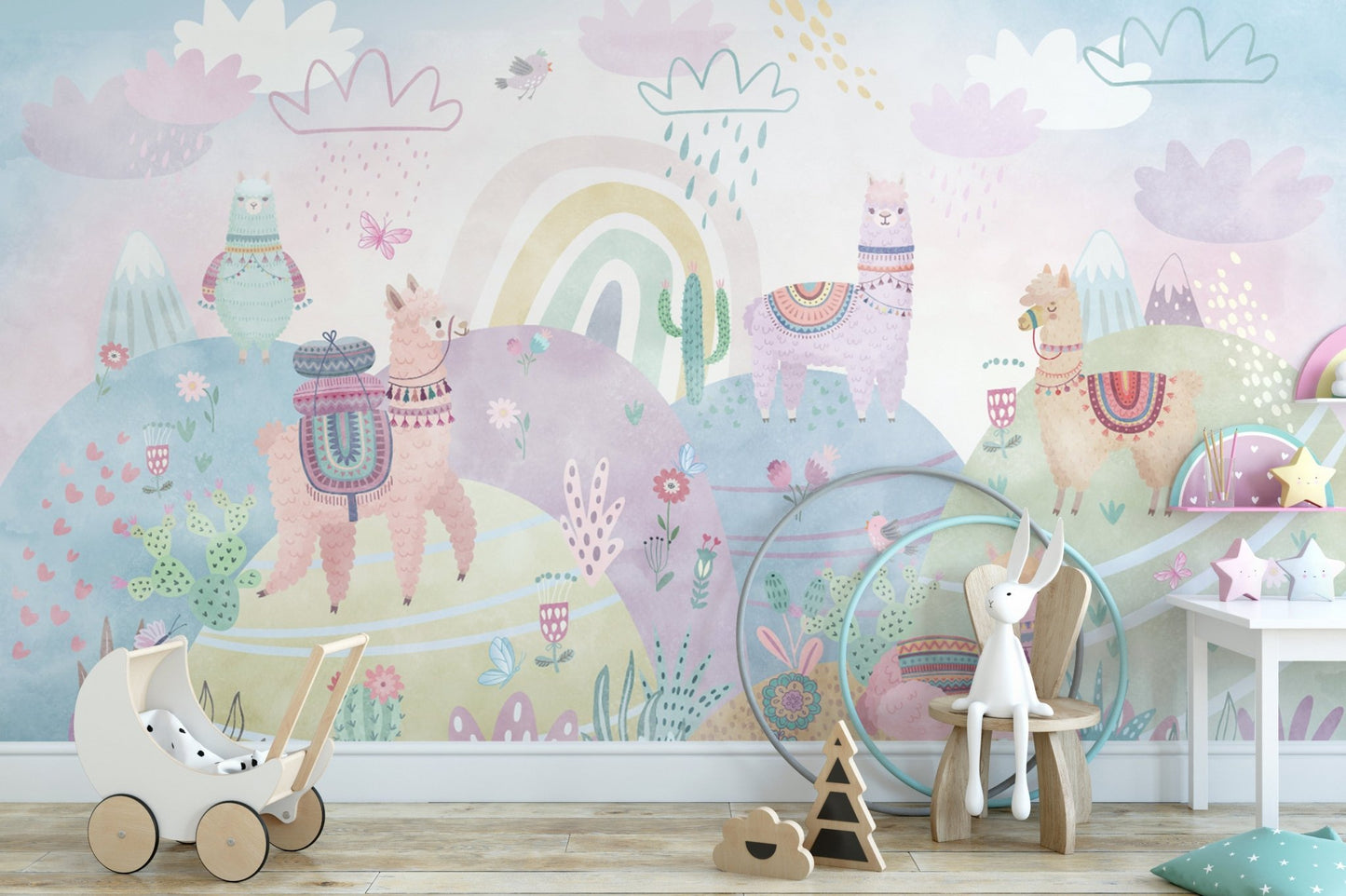 Playful llama wallpaper for kids’ rooms
