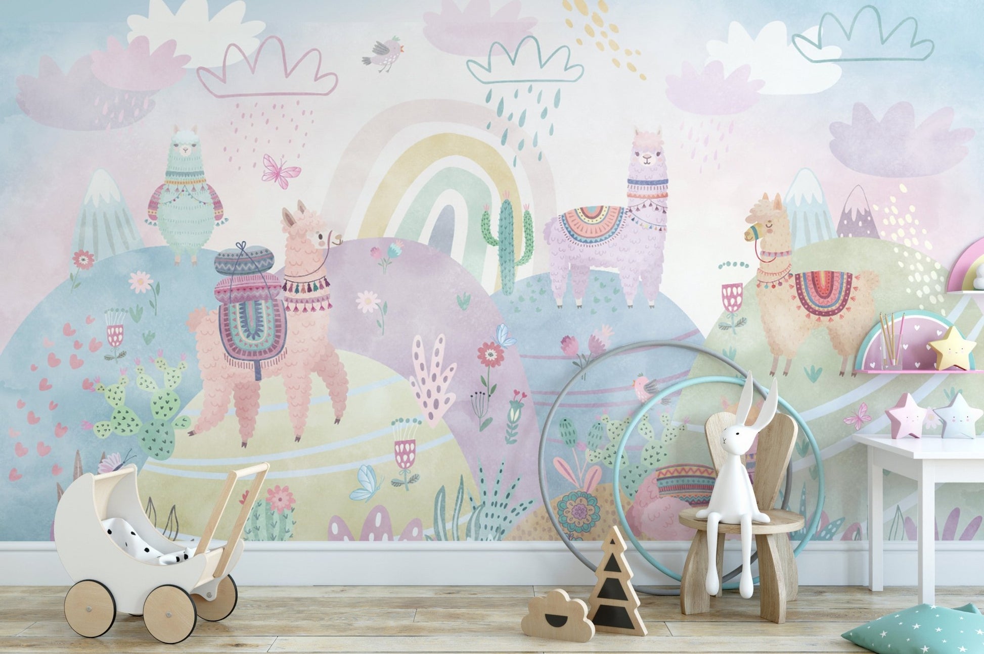 Playful llama wallpaper for kids’ rooms
