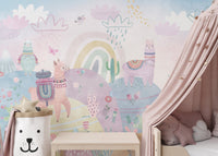 Colorful llama nursery wallpaper design
