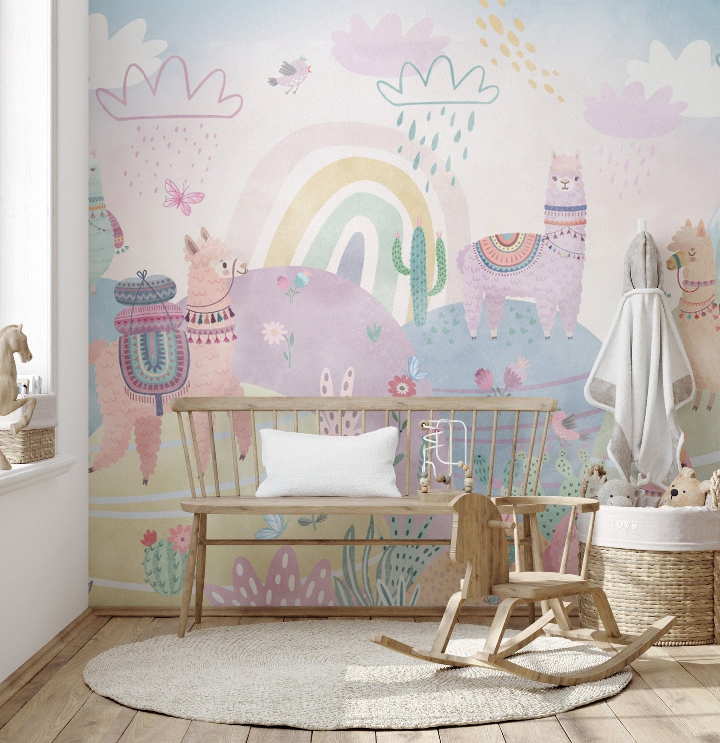 Llama nursery wallpaper with soft colors
