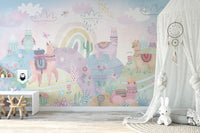 Colorful llama nursery wallpaper design
