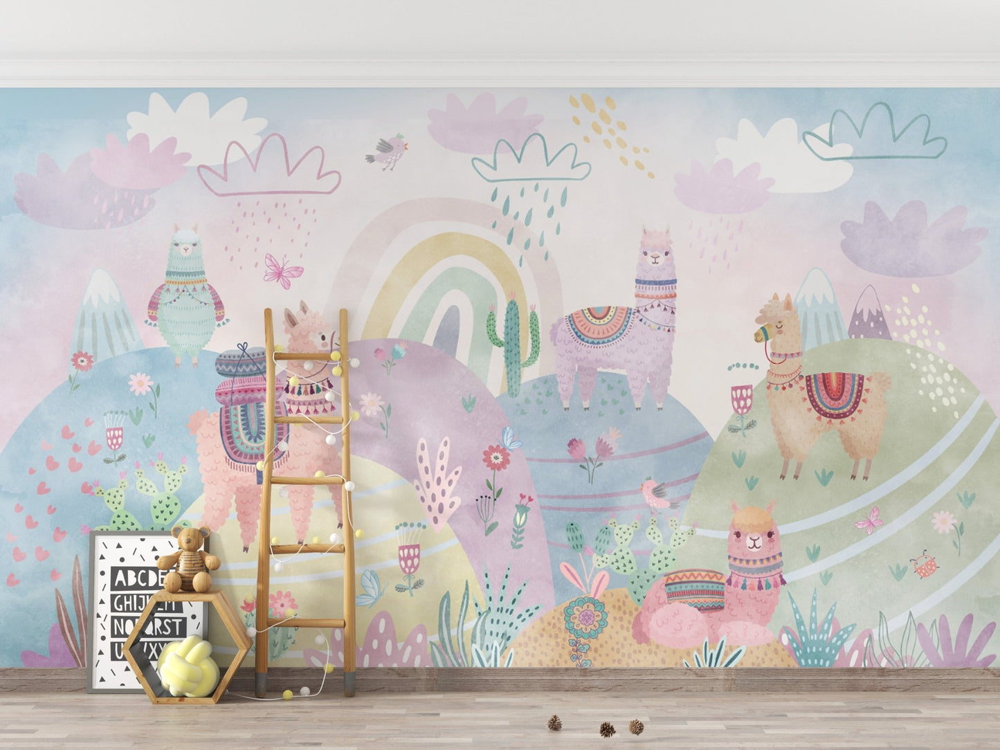 Nursery wallpaper featuring llamas and rainbows
