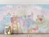 Nursery wallpaper featuring llamas and rainbows

