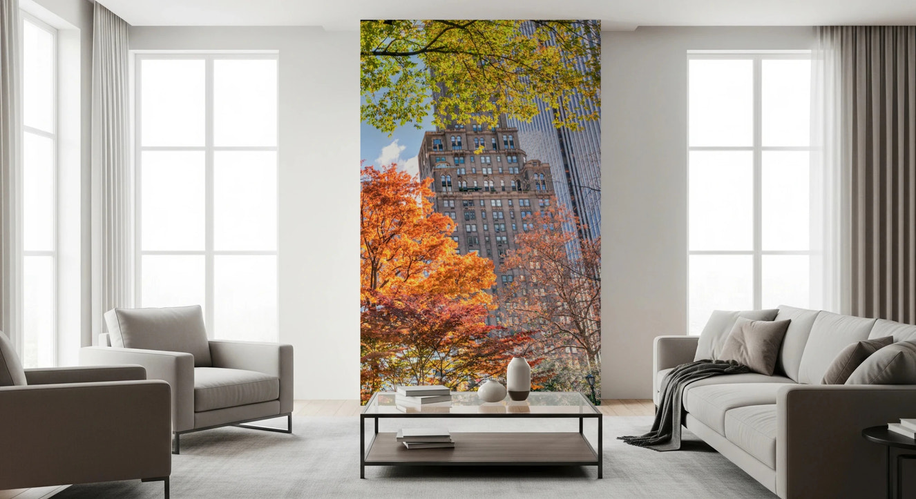 Colours of Central Park Wall Mural in a bright living room with autumn trees
