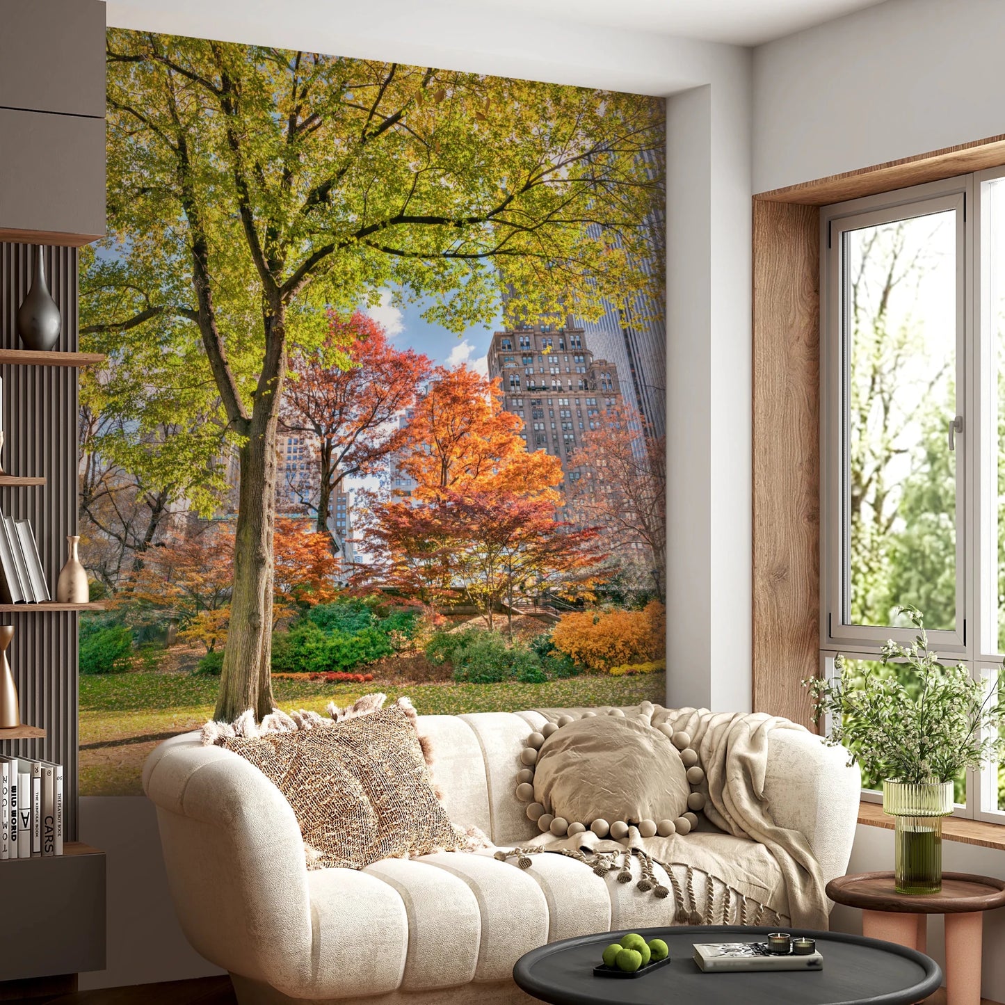 City park wallpaper with tall trees and warm fall colours for a modern living space