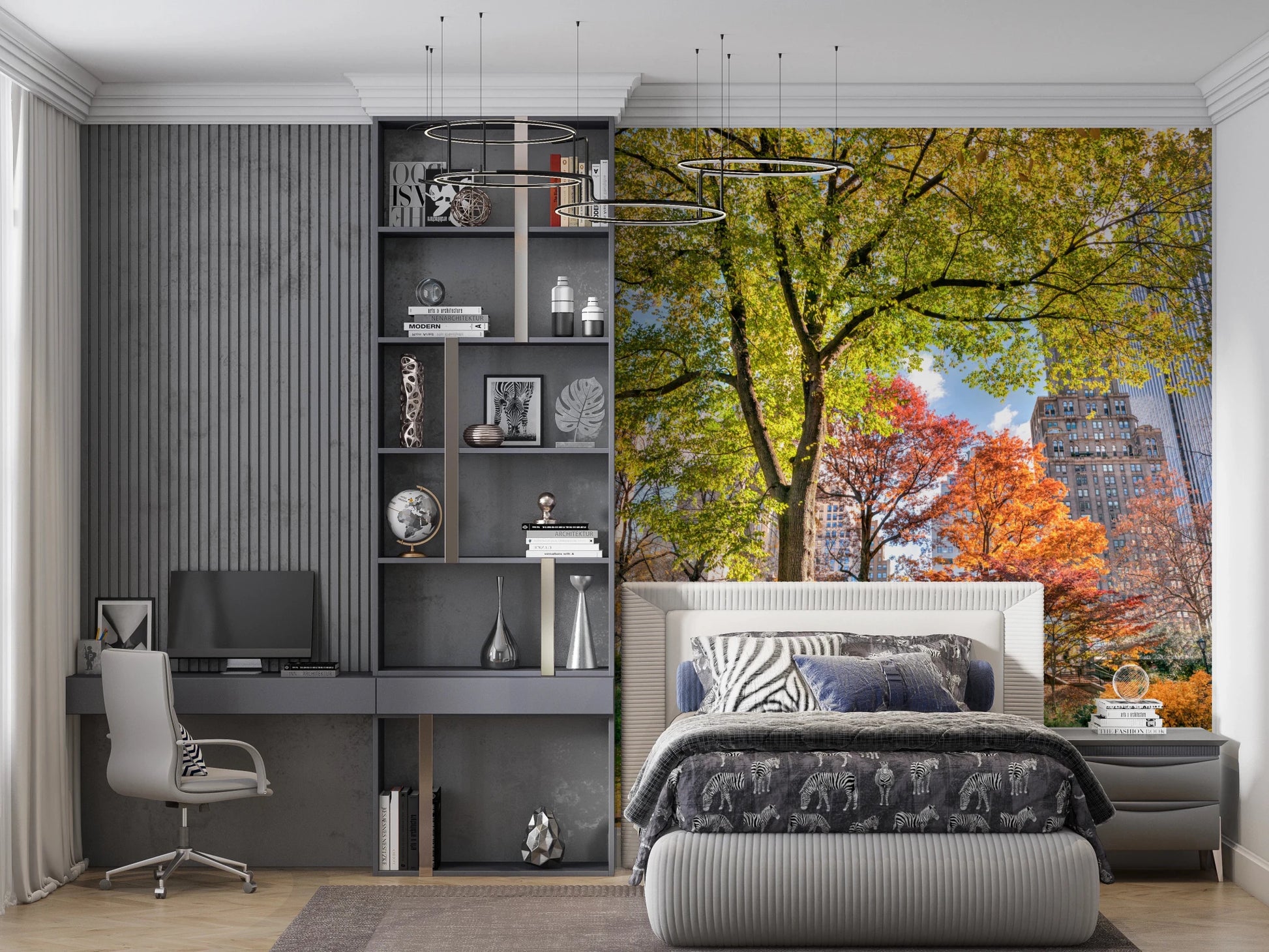 City park wallpaper with bright autumn colours for home wall decor