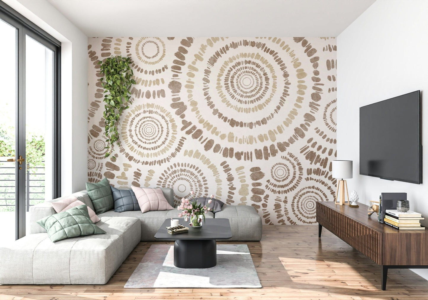 An artistic modern circle mural on minimalist wallpaper.