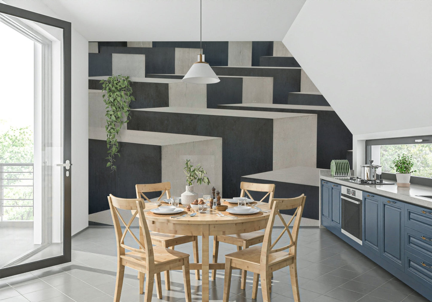 A contemplative geometric design wallpaper mural for a feature wall.