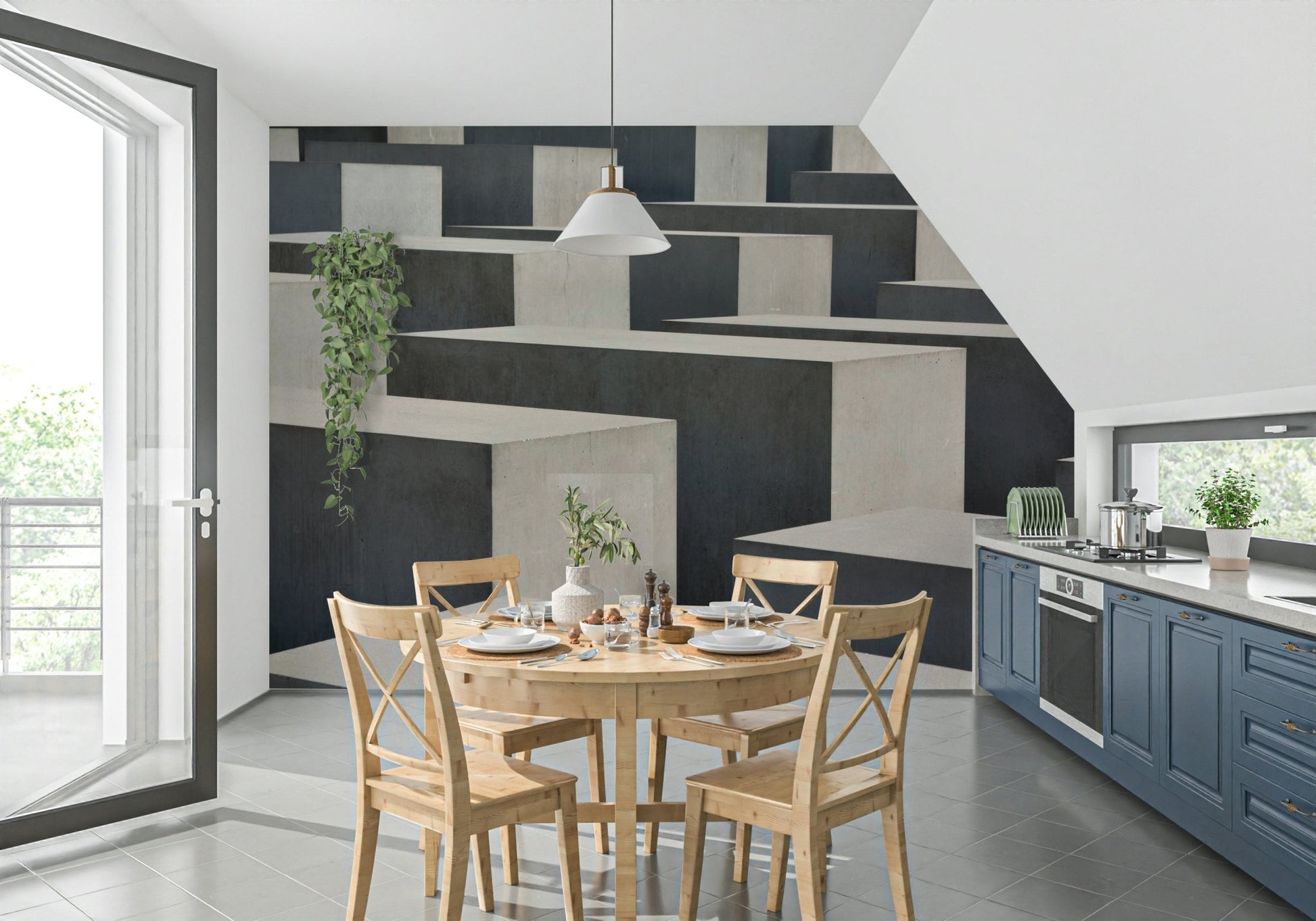 A contemplative geometric design wallpaper mural for a feature wall.