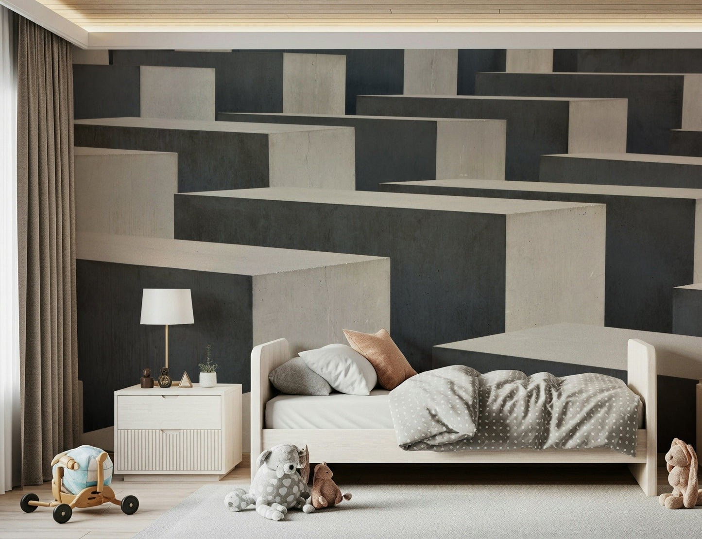 A graceful subtle block wall mural in cool, neutral tones.