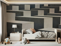 A graceful subtle block wall mural in cool, neutral tones.