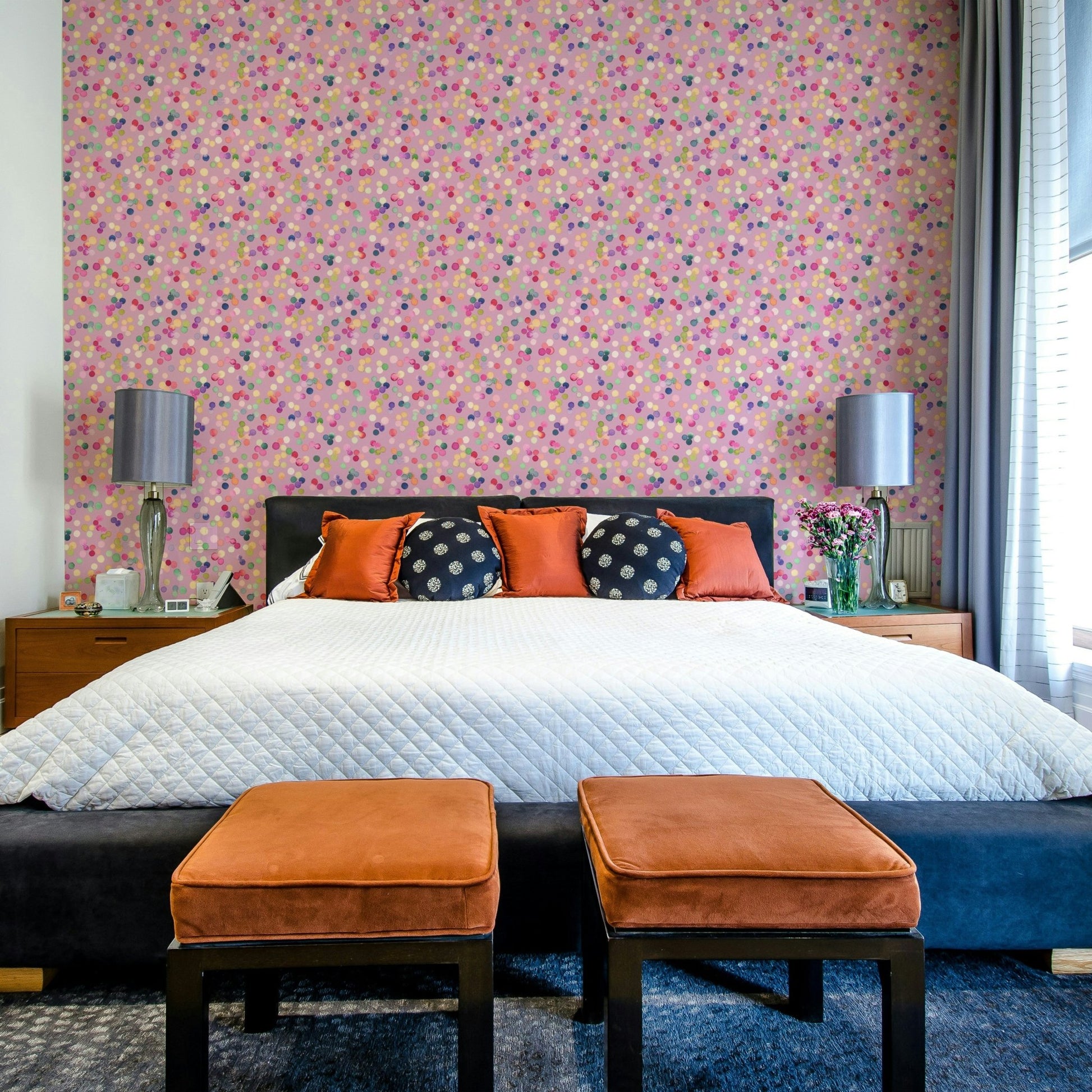 Colorful dot mural on pink

