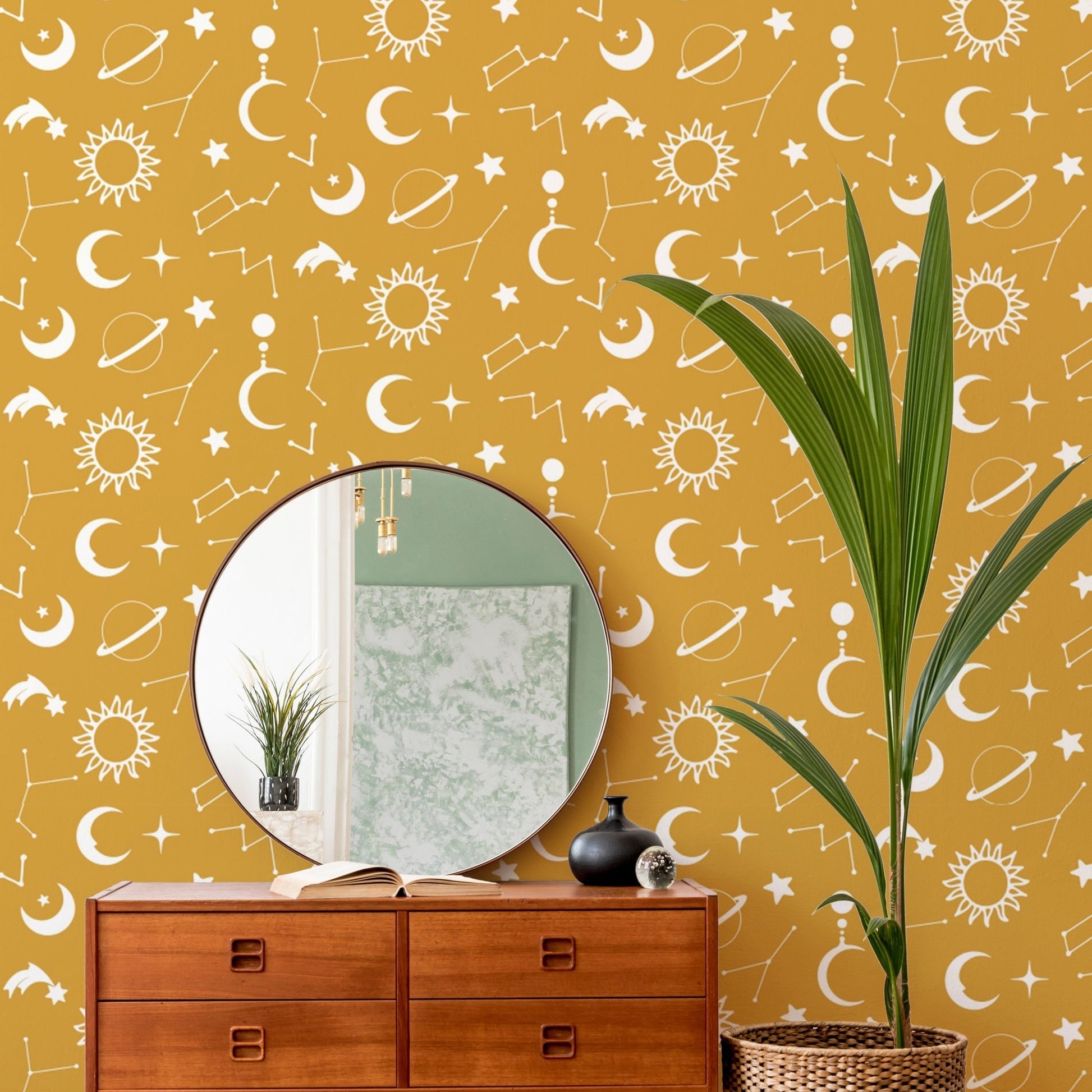 Astronomical yellow mural with dreamy details
