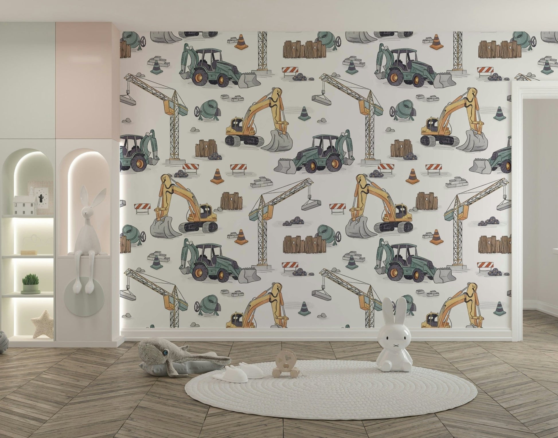 Cranes and bulldozers kids wall design

