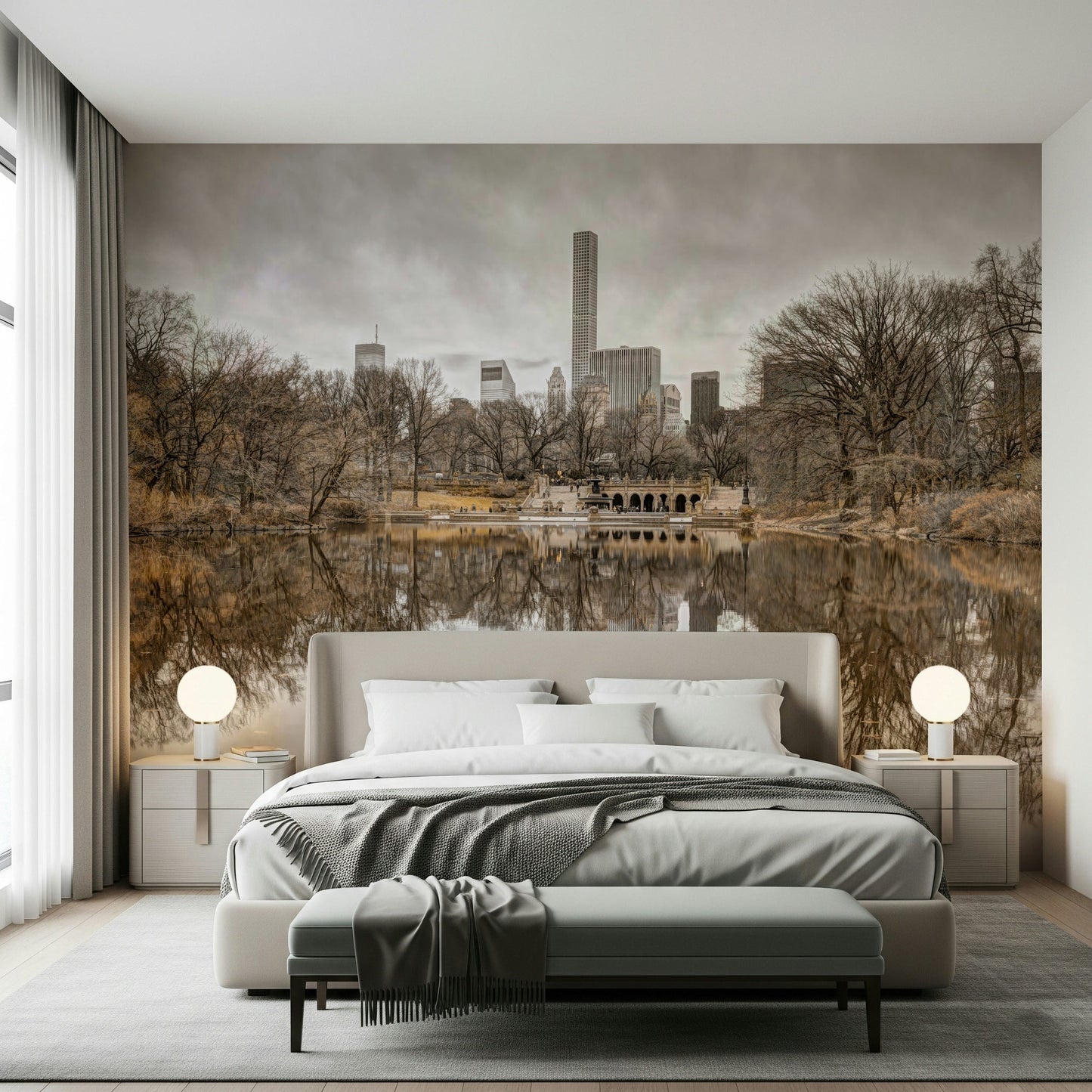 Abstract landscape wall mural with contrasting light and dark.