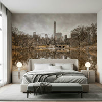 Abstract landscape wall mural with contrasting light and dark.
