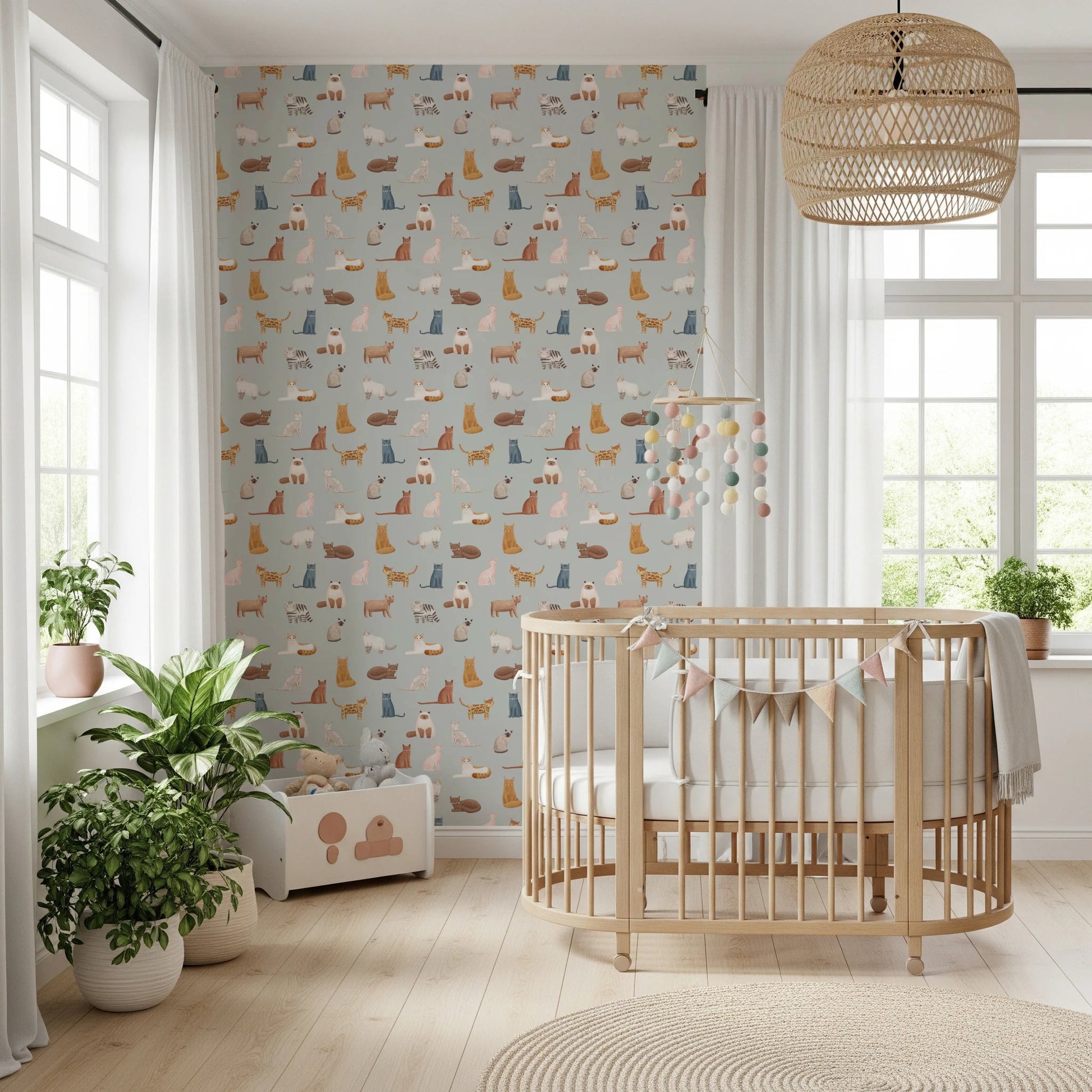 Decorative feline wallpaper with varied cat poses and tones