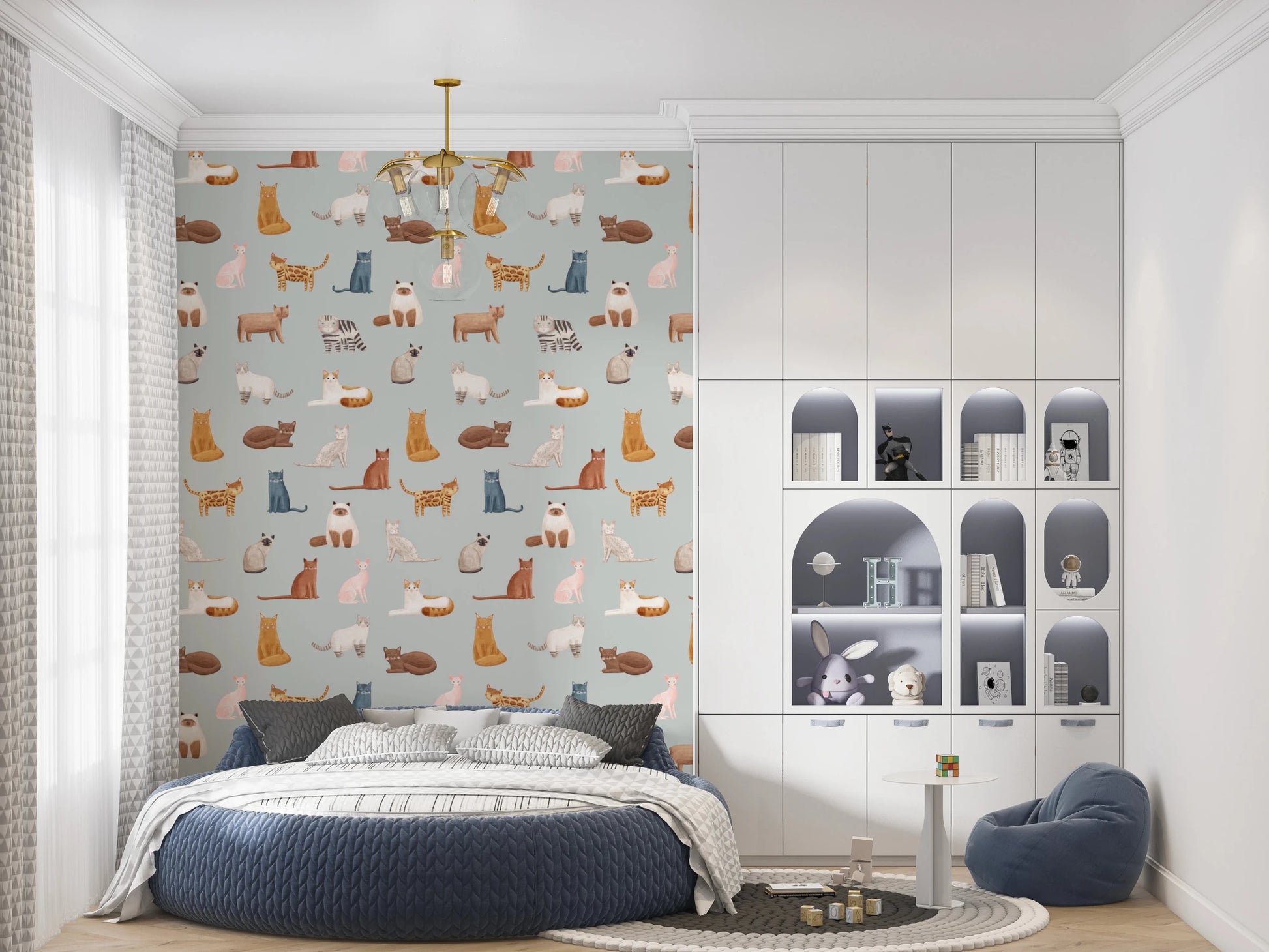 Bedroom styled with Blue Cat Wallpaper playful feline pattern