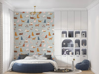 Bedroom styled with Blue Cat Wallpaper playful feline pattern