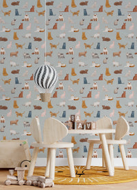 Patterned cat wallpaper on a calm blue surface finish
