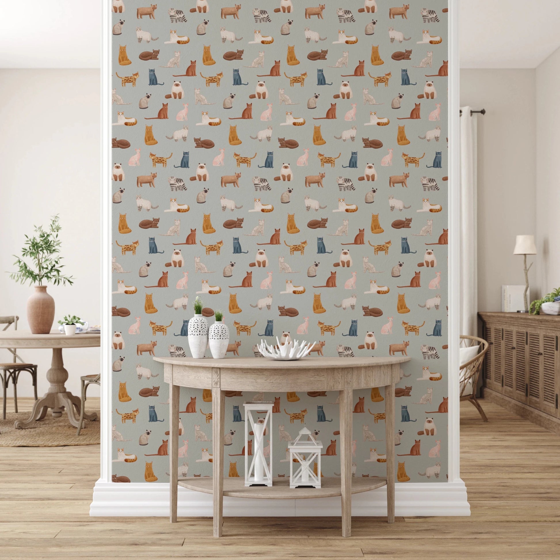 Hallway with Cool Cats Wallpaper in calm blue tone