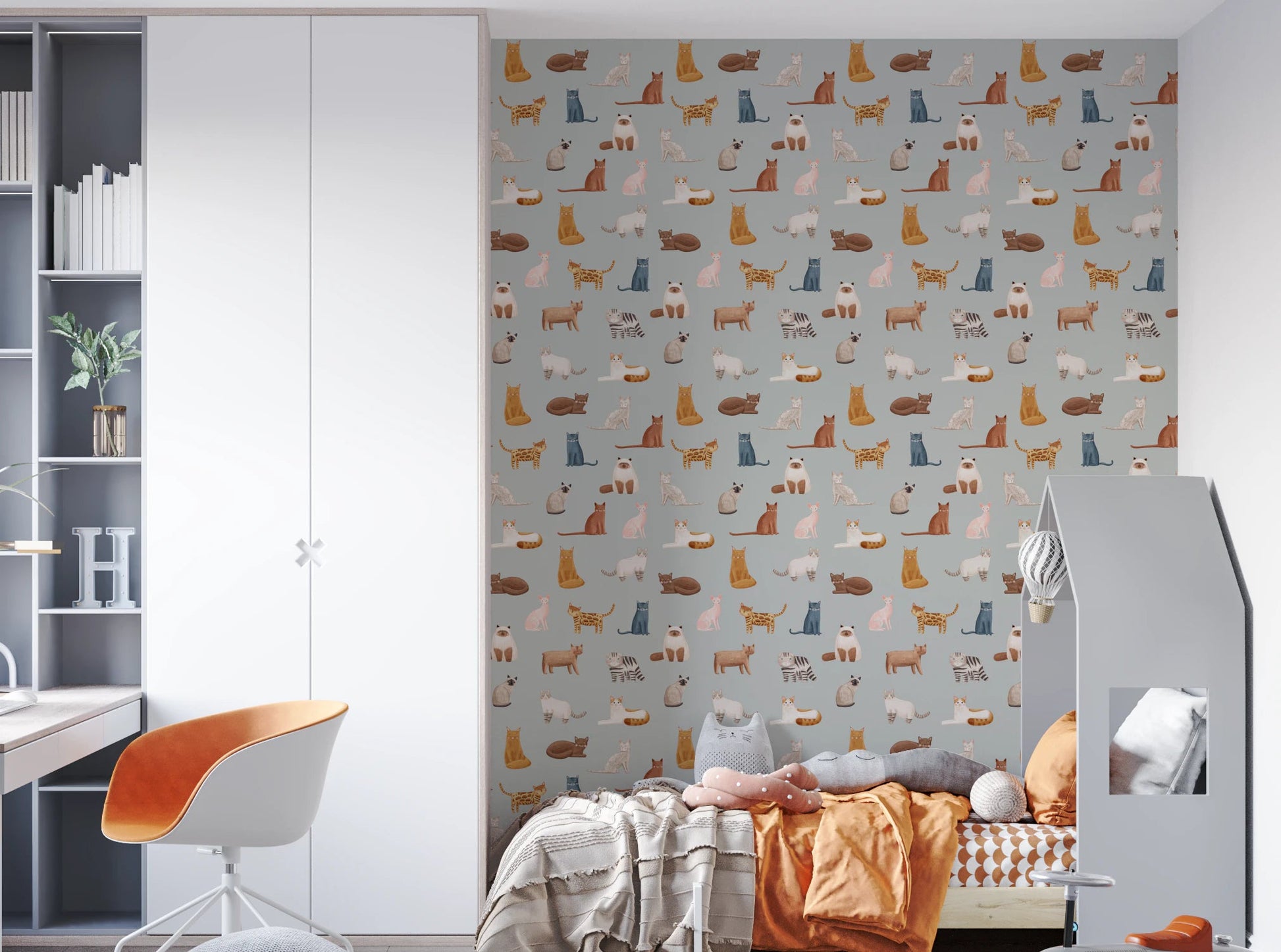 Modern blue wallpaper with illustrated cat design