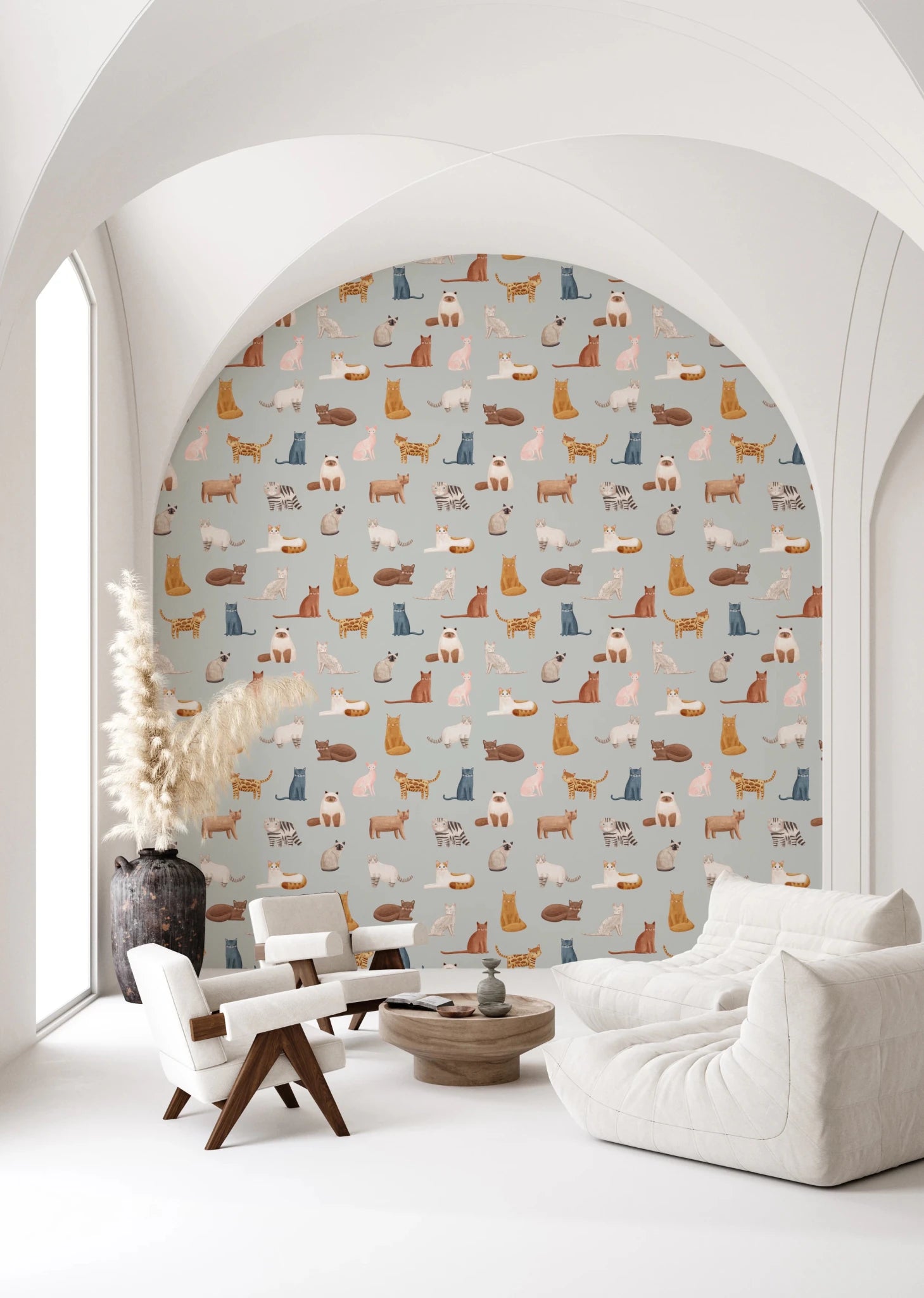 Living room with Cool Cats Wallpaper on soft blue backdrop