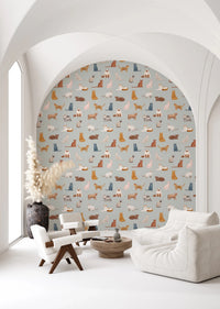 Living room with Cool Cats Wallpaper on soft blue backdrop