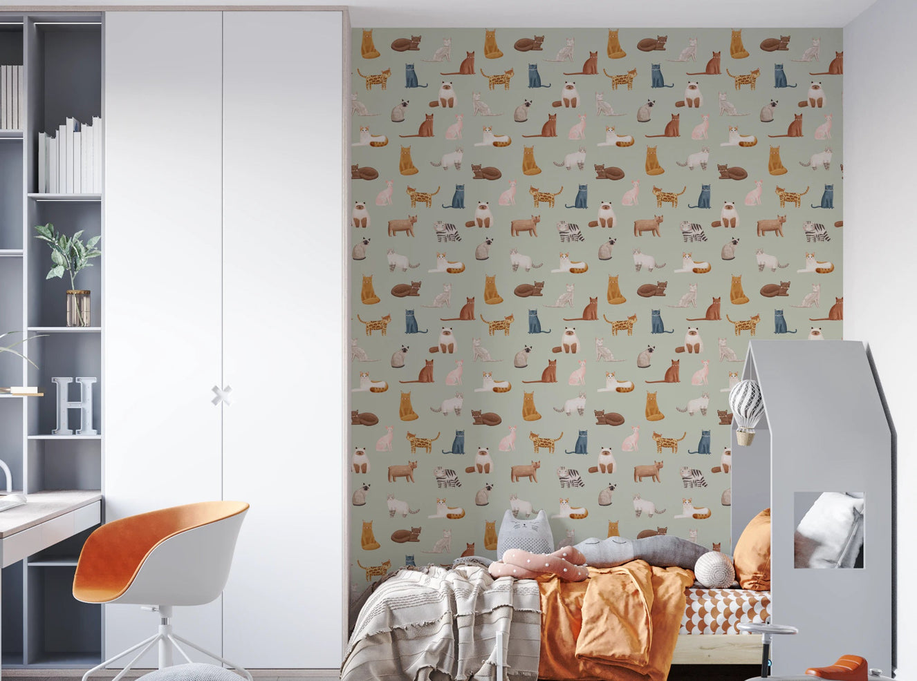 Kids room with Cool Cats Wallpaper on a soft sage green background