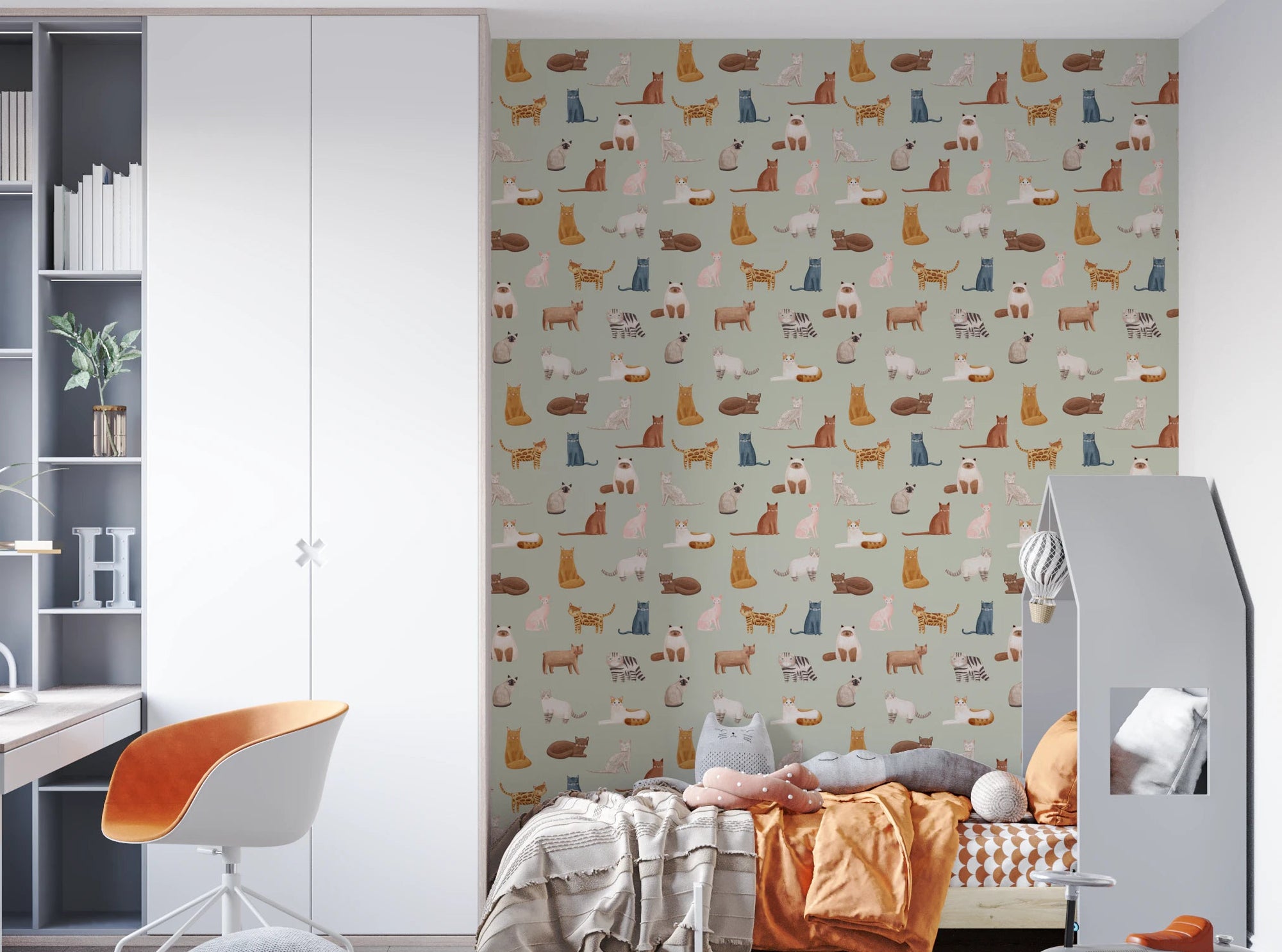 Kids room with Cool Cats Wallpaper on a soft sage green background, GD8497