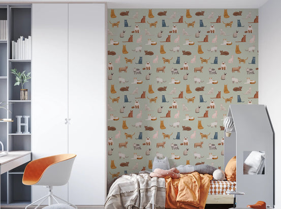Kids room with Cool Cats Wallpaper on a soft sage green background, GD8497