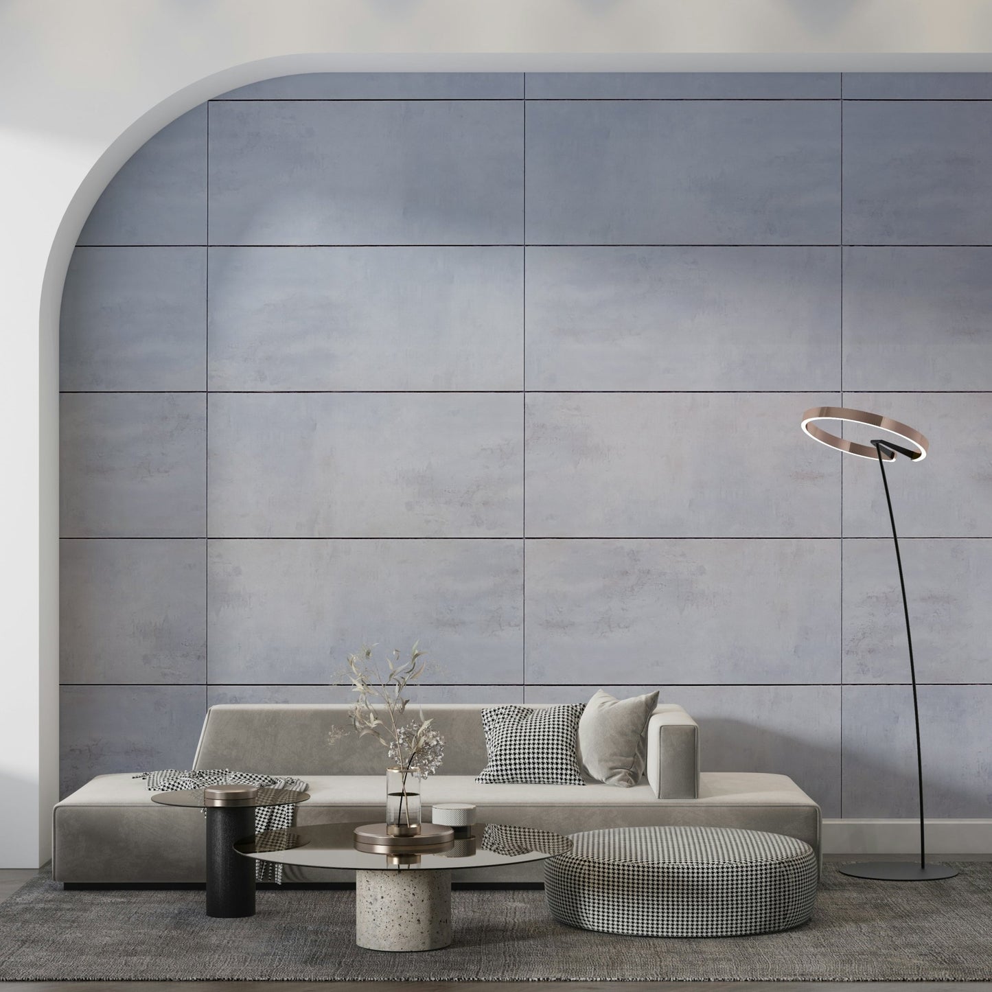 Full contemporary living room featuring the subtle Cool Grey Grid wallpaper for walls.