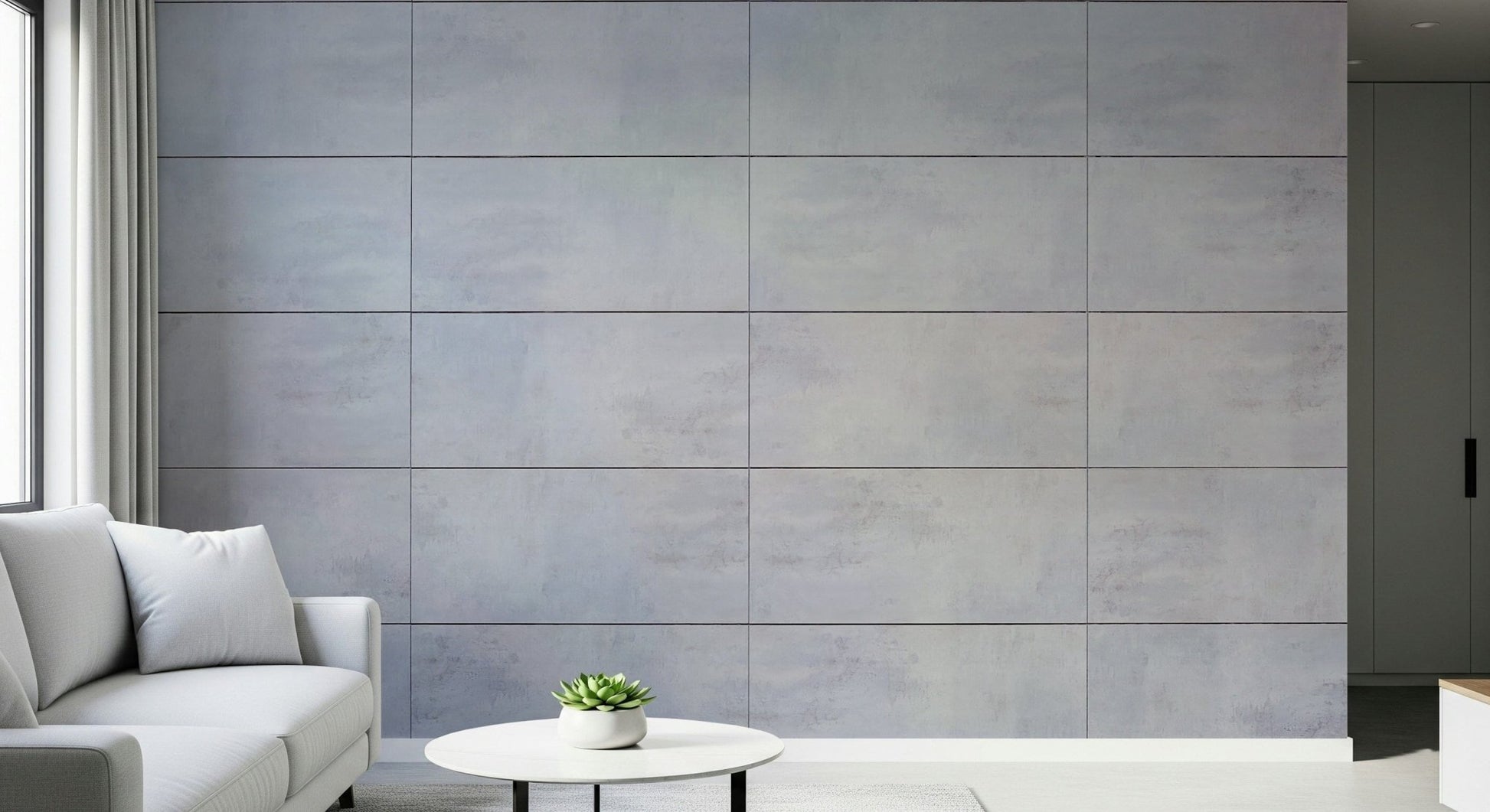 Bedroom accent wall with the clean lines of the Cool Grey Grid peel and stick mural.