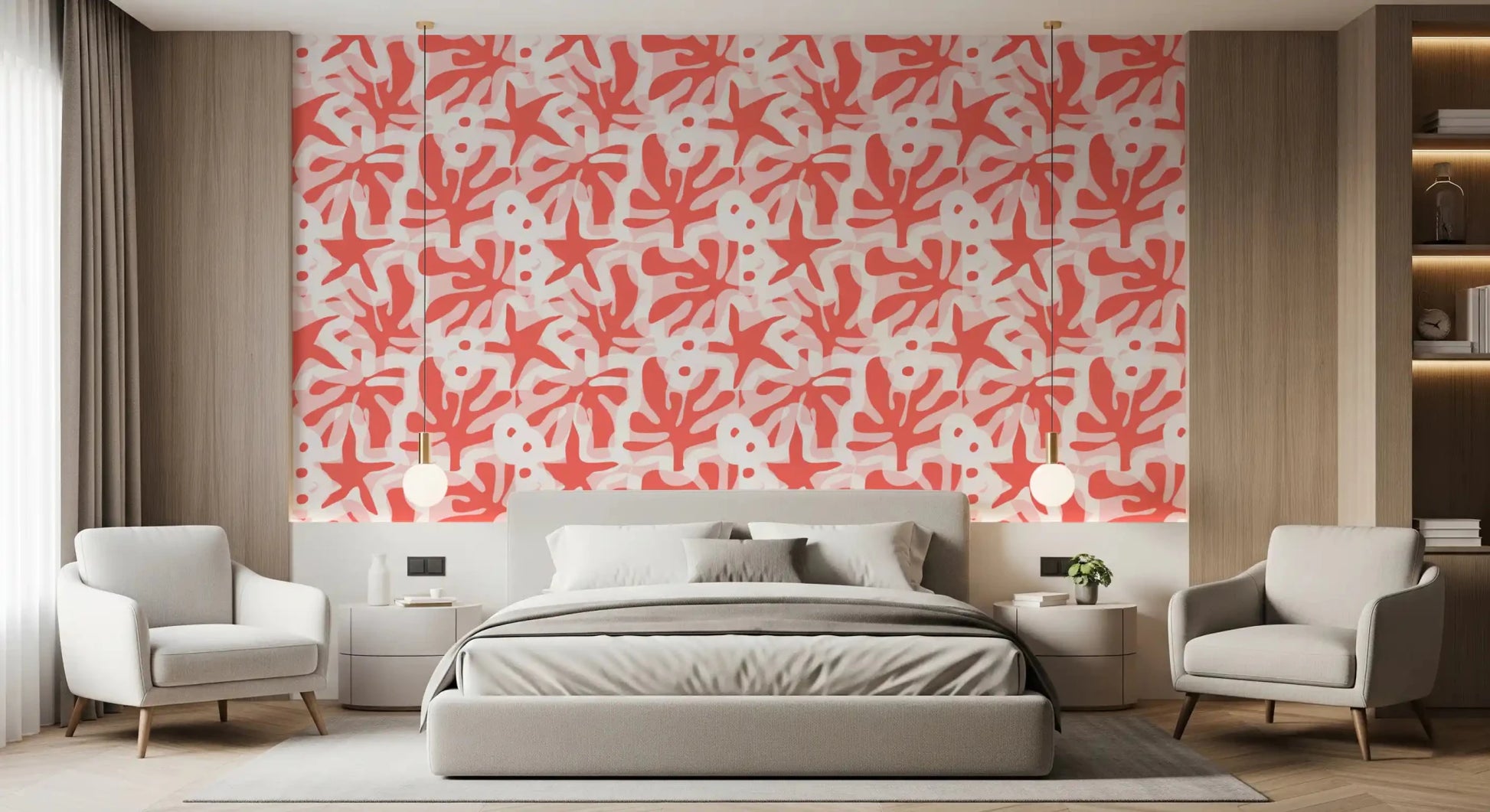 Bedroom wall featuring Coral Bloom Overlay wallpaper floral overlay design