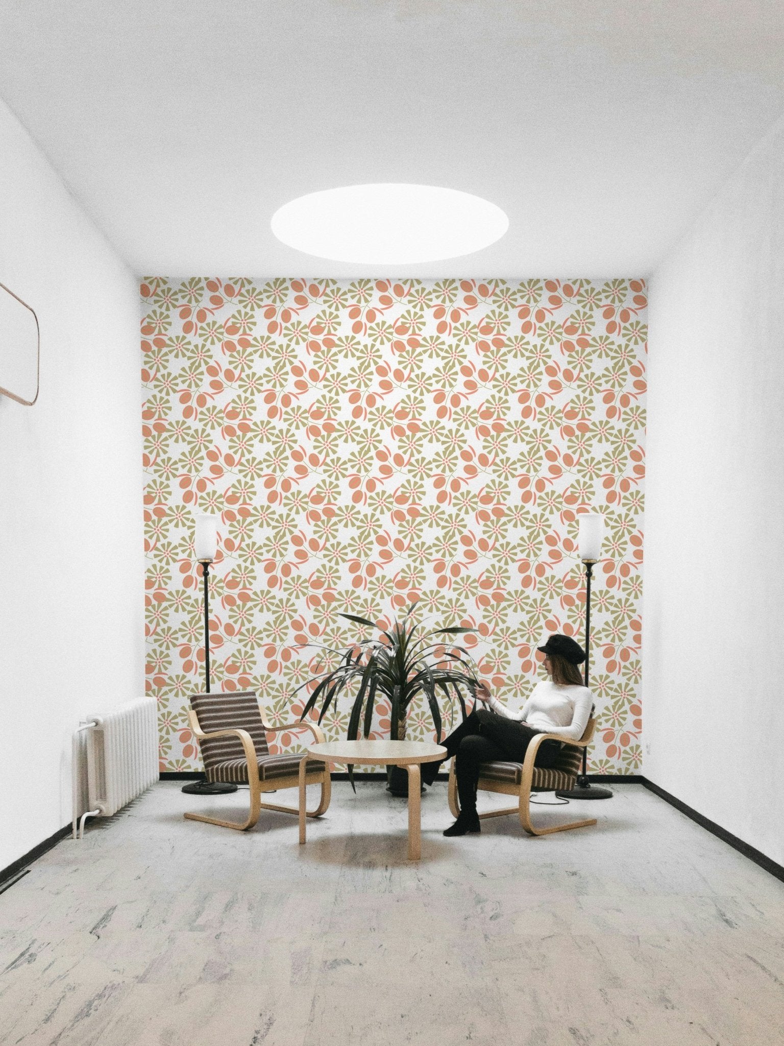 Coral Blossom Time wallpaper featuring tan pinwheel flowers and coral berries GD4982
