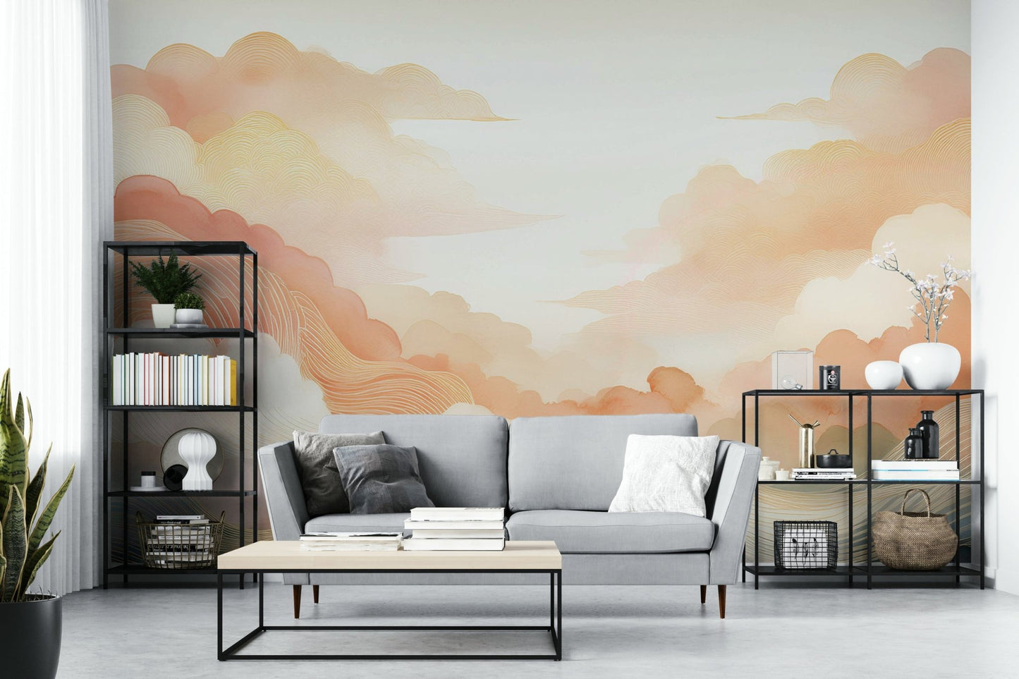 Peaceful Coral Cloud Mural for Living Room Decor

