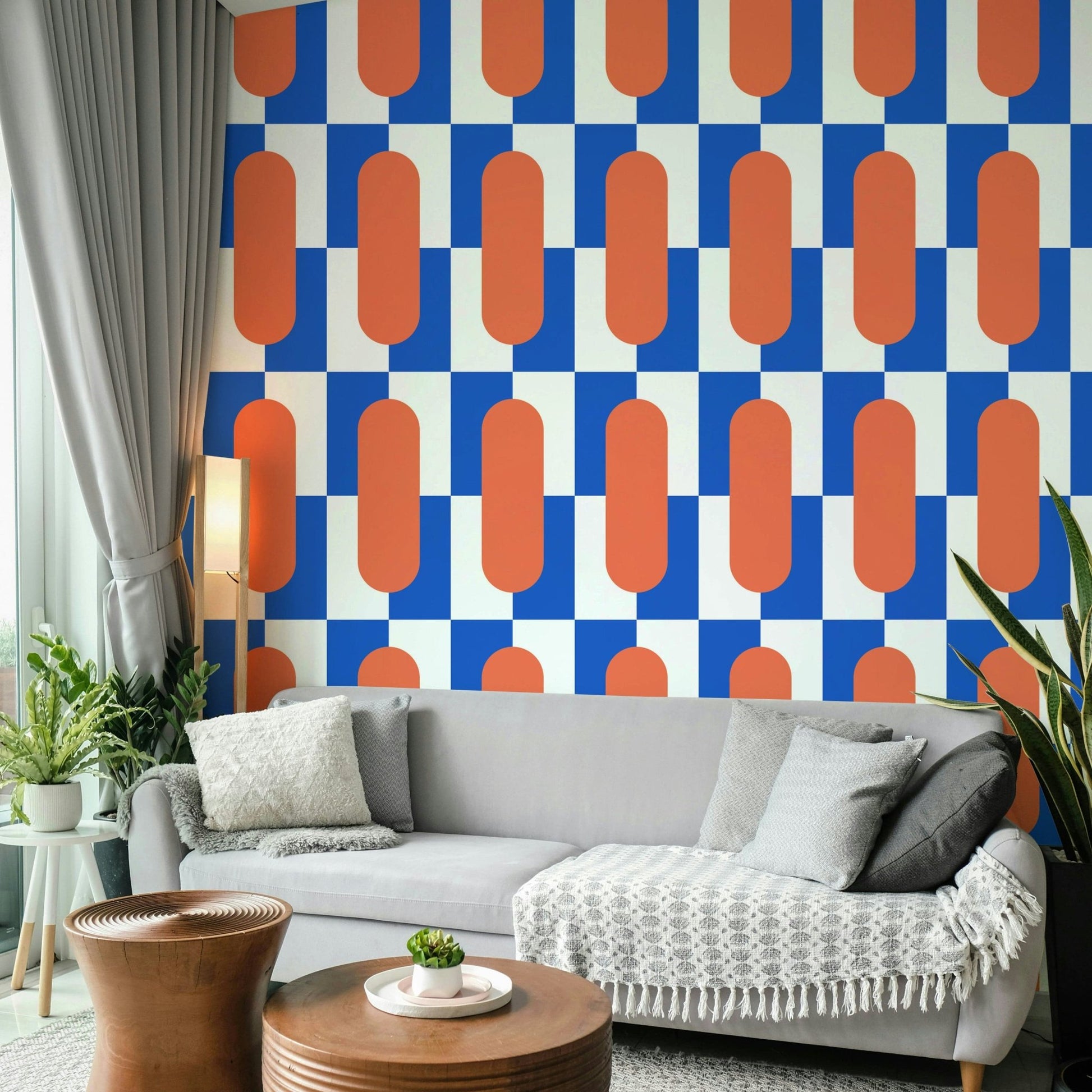 Stylish coral and blue checkerboard wallpaper

