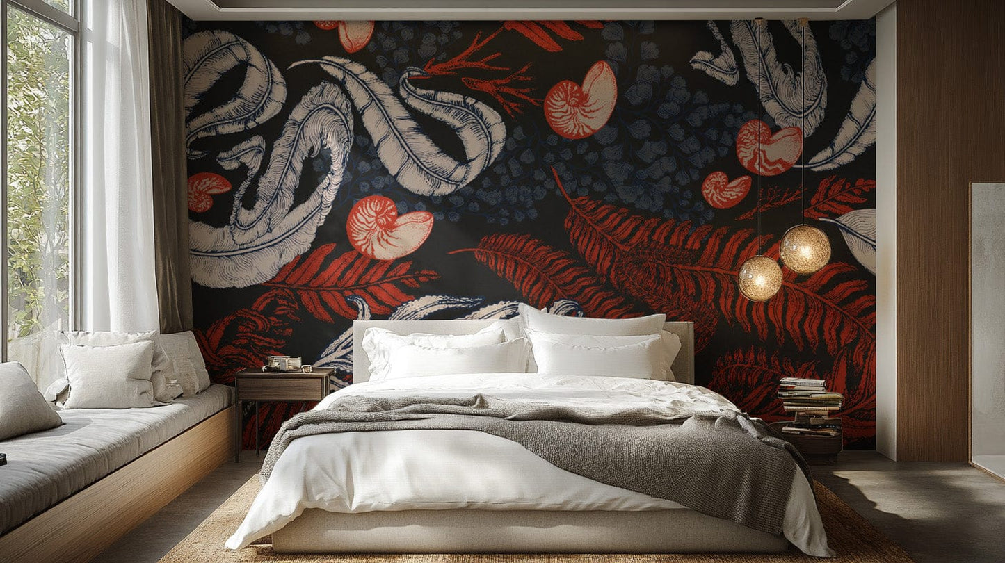 Coastal chic Coral Cove mural with delicate nautilus motifs. B651
