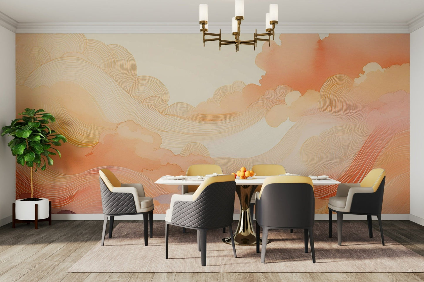 Vibrant coral and cream swirl wall mural for interiors

