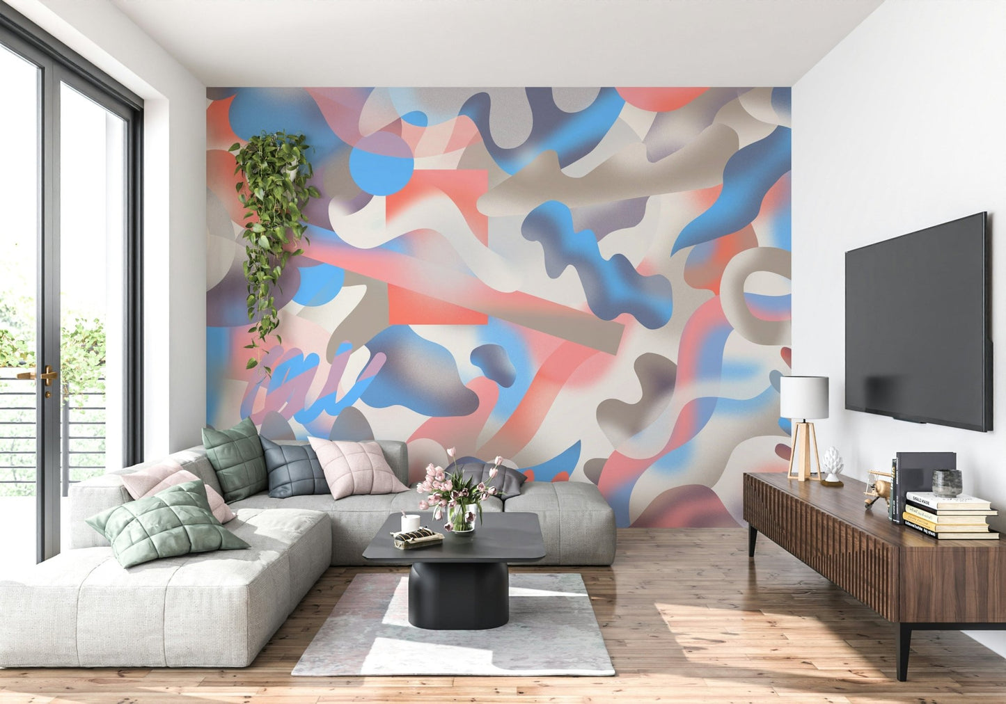 An artistic fluid pattern mural on minimalist wallpaper.