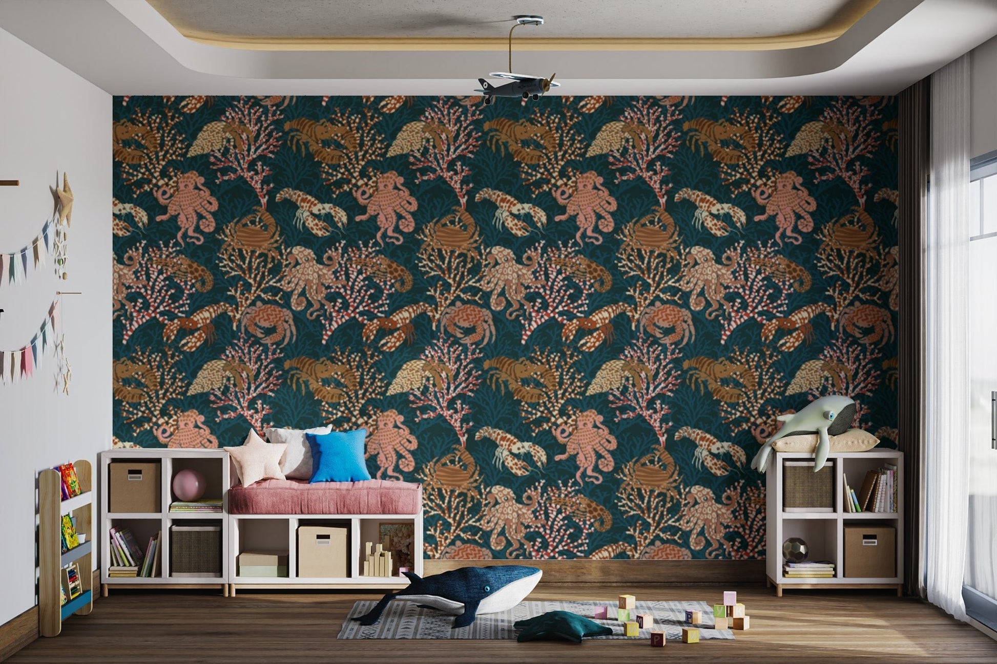 Sophisticated Coral Kingdom wallpaper for ocean-inspired decor.
