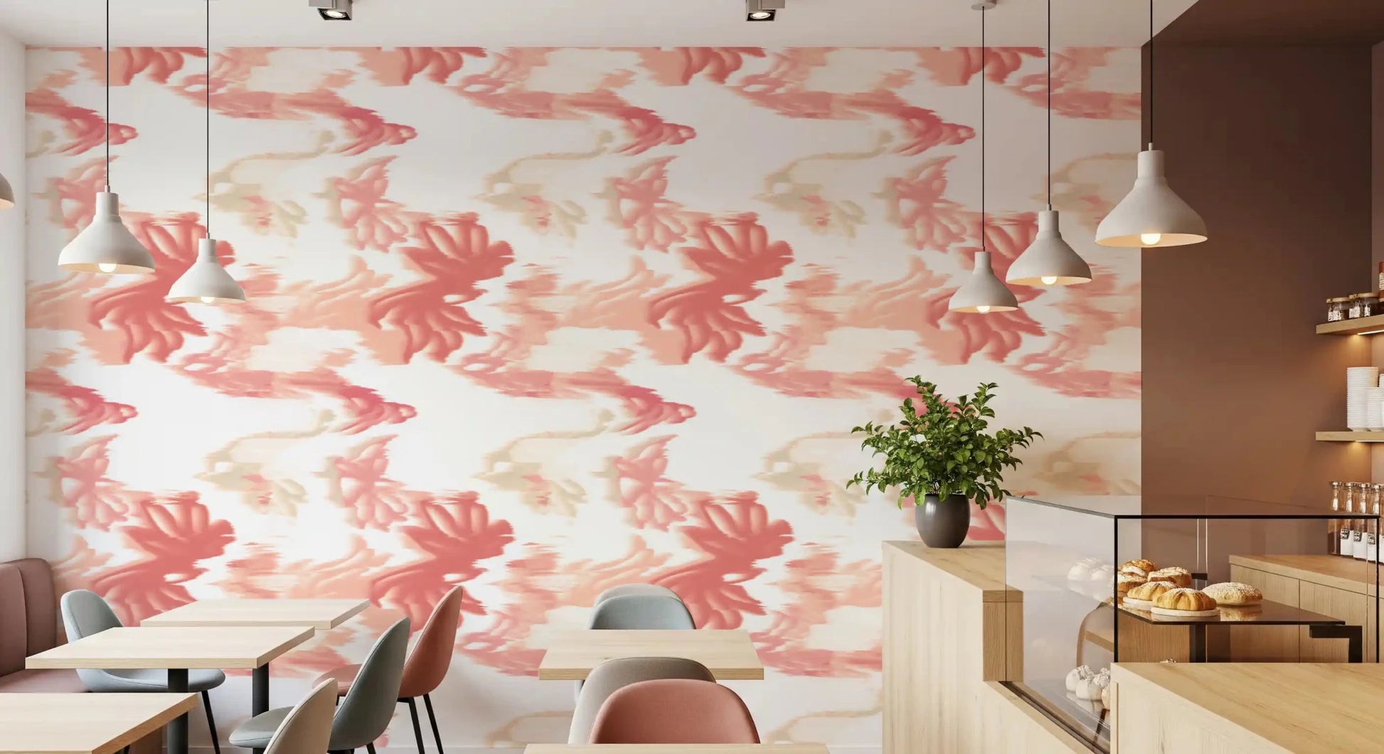 Cafe area space with Coral Mist Flow wallpaper showing fluid coral movement, GD9262