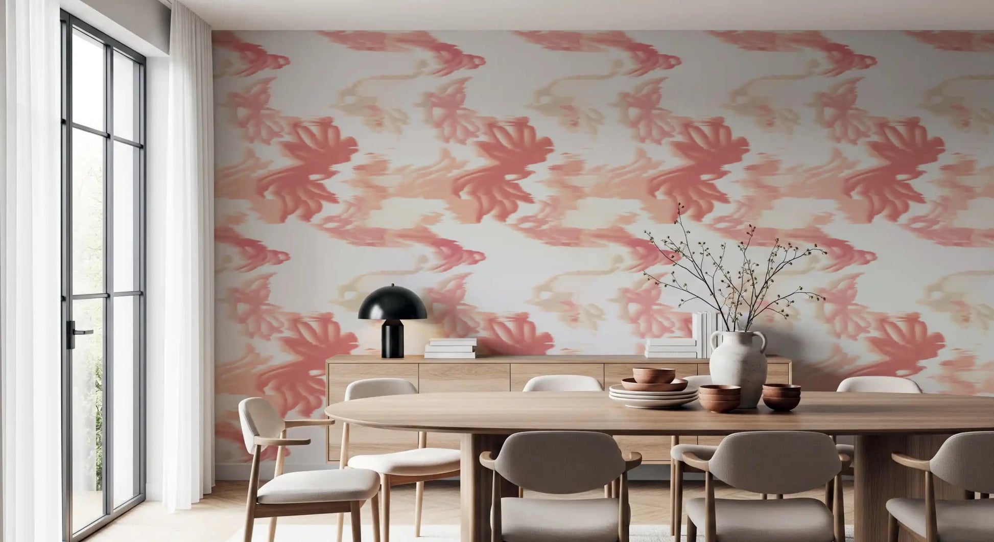 Dining room setup using Coral Mist Flow wallpaper with peach coral tones, GD9262