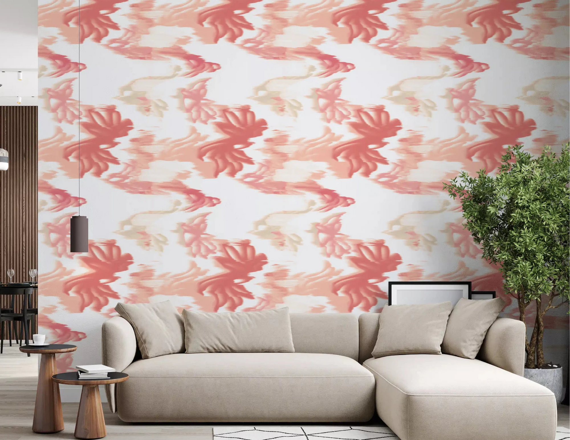 Living room styled with Coral Mist Flow wallpaper and soft coral wave texture, GD9262