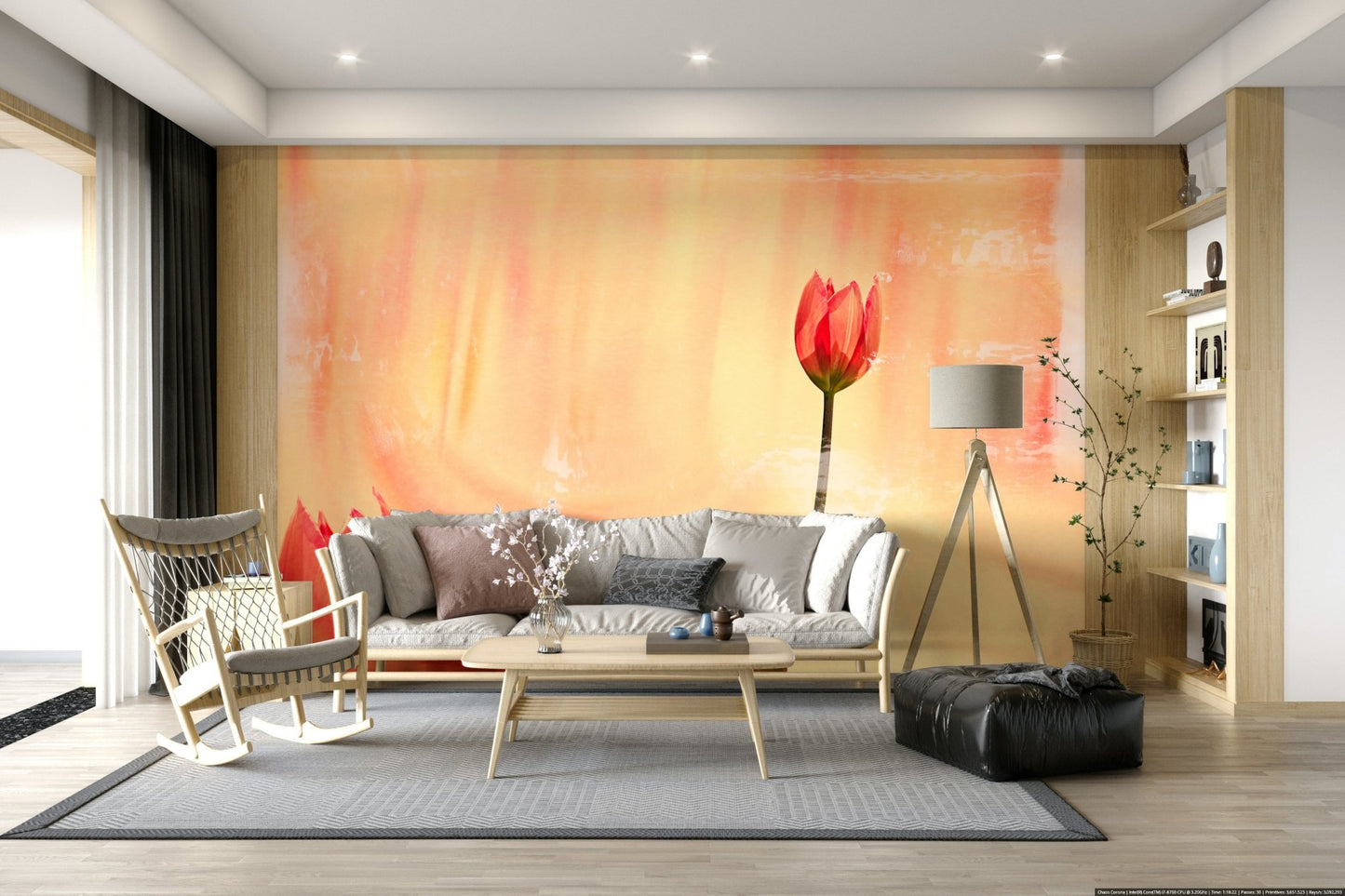 An artistic delicate bloom mural on minimalist wallpaper.

